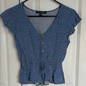 Blue and White Buttoned Crop Blouse